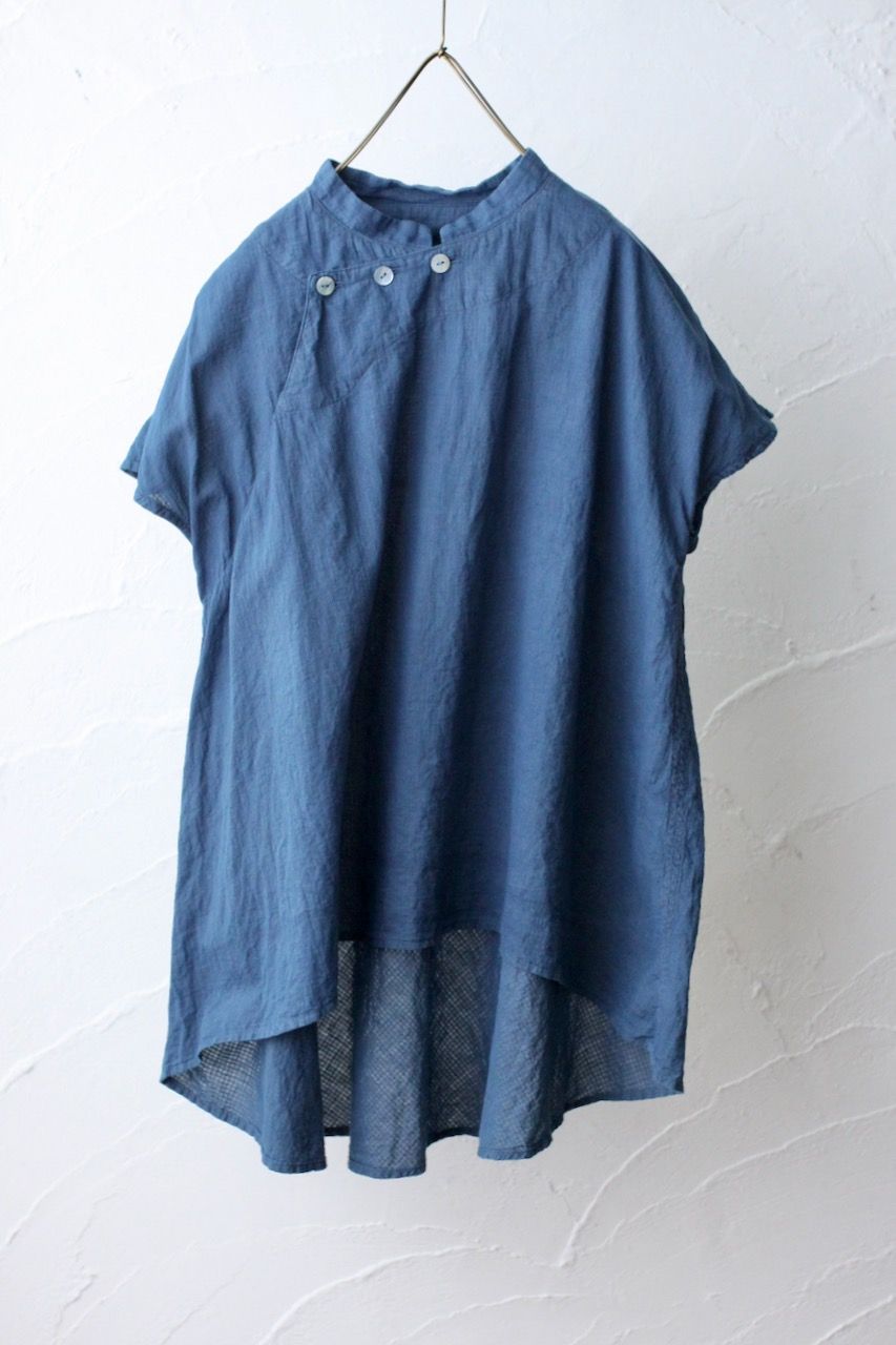 カディコットン シノワズリブラウス/Khadi cotton pullover blouse 「チェック織り 藍と墨/Indigo and charcoal」