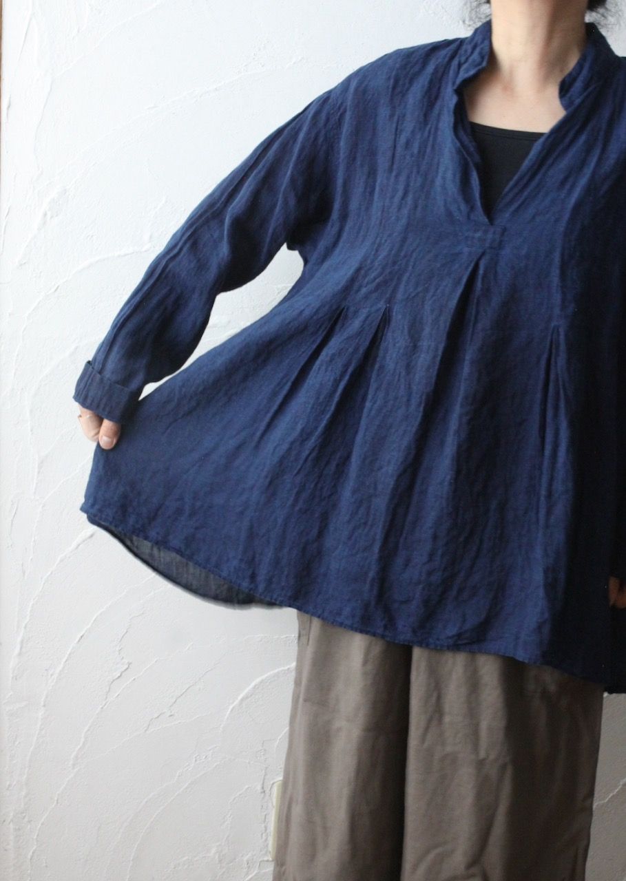 リネン プルオーバーブラウス Linen pull-over blouse「本藍発酵建て 濃藍/Dark Indigo」