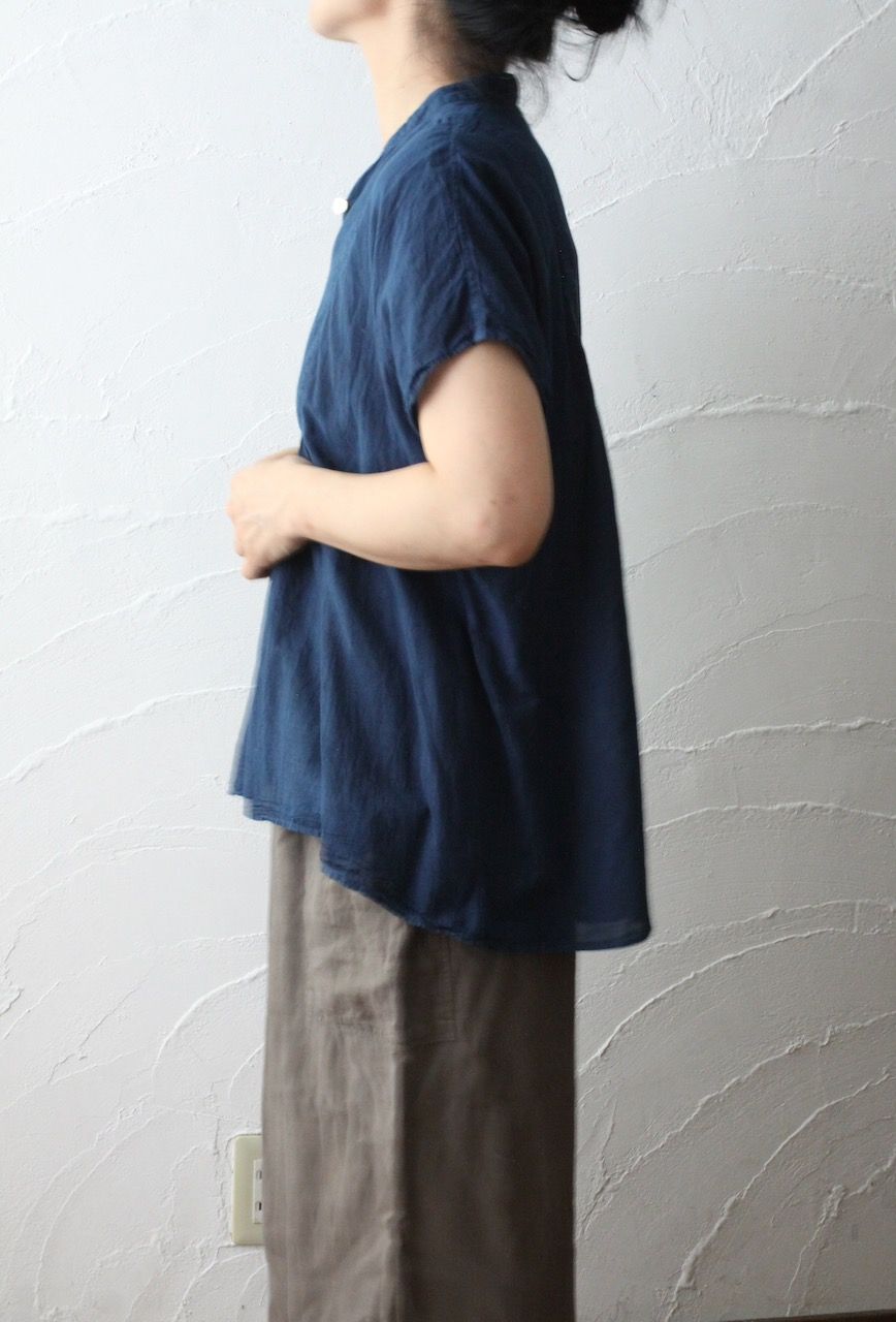コットンローン パネル切り替えブラウス/ Cotton lawn blouse 「藍と墨/Indigo and charcoal」