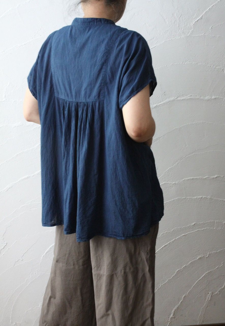 コットンローン パネル切り替えブラウス/ Cotton lawn blouse 「藍と墨/Indigo and charcoal」