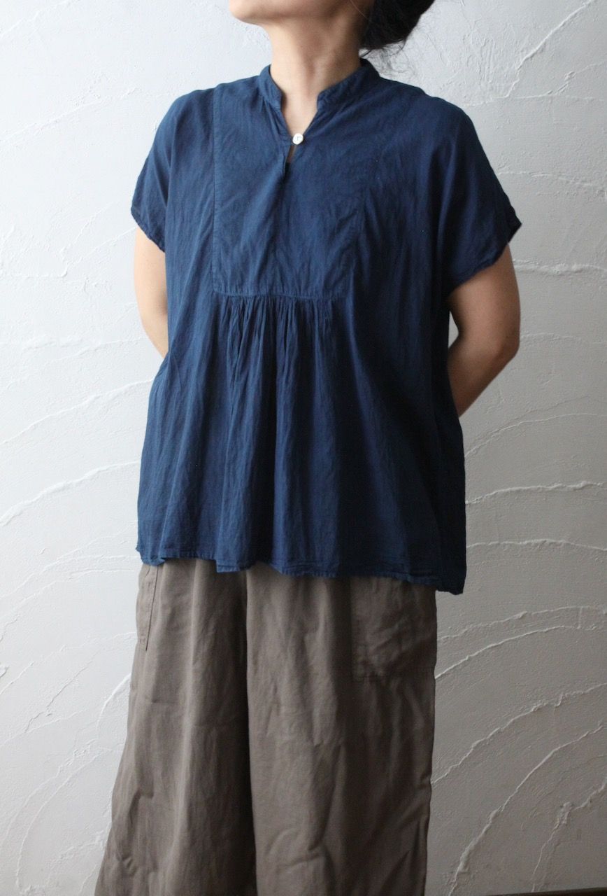 コットンローン パネル切り替えブラウス/ Cotton lawn blouse 「藍と墨/Indigo and charcoal」