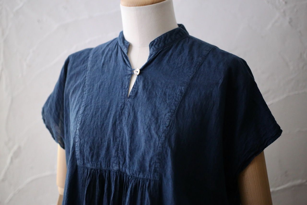 コットンローン パネル切り替えブラウス/ Cotton lawn blouse 「藍と墨/Indigo and charcoal」