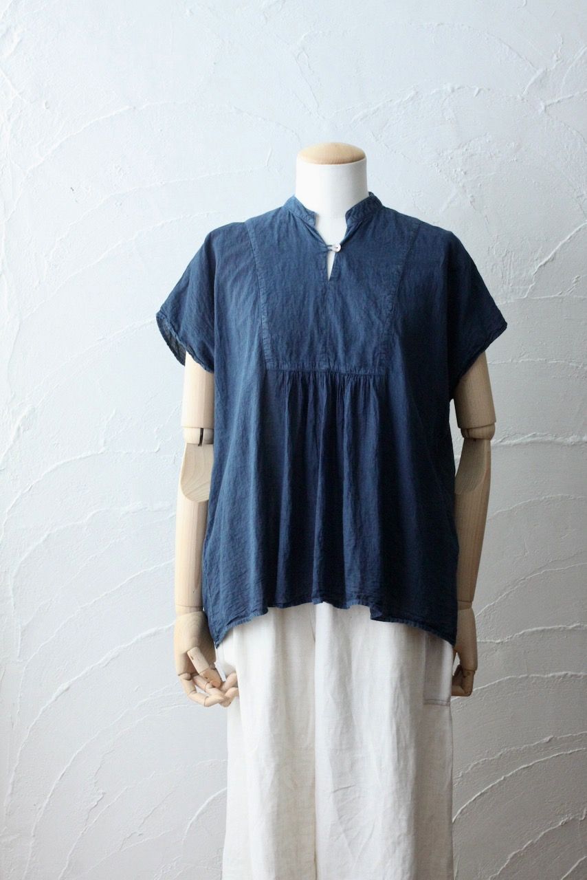 コットンローン パネル切り替えブラウス/ Cotton lawn blouse 「藍と墨/Indigo and charcoal」