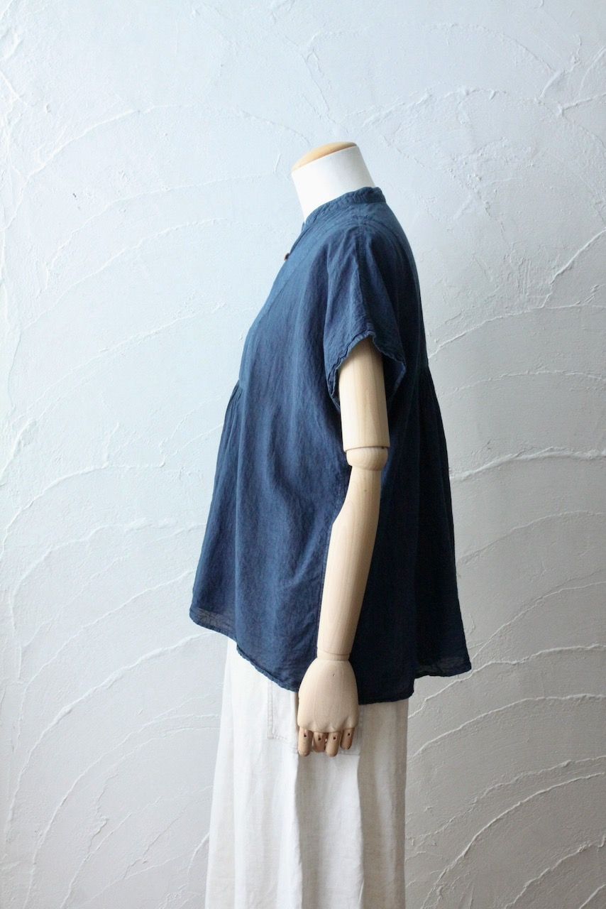 コットンローン パネル切り替えブラウス/ Cotton lawn blouse 「藍と墨/Indigo and charcoal」