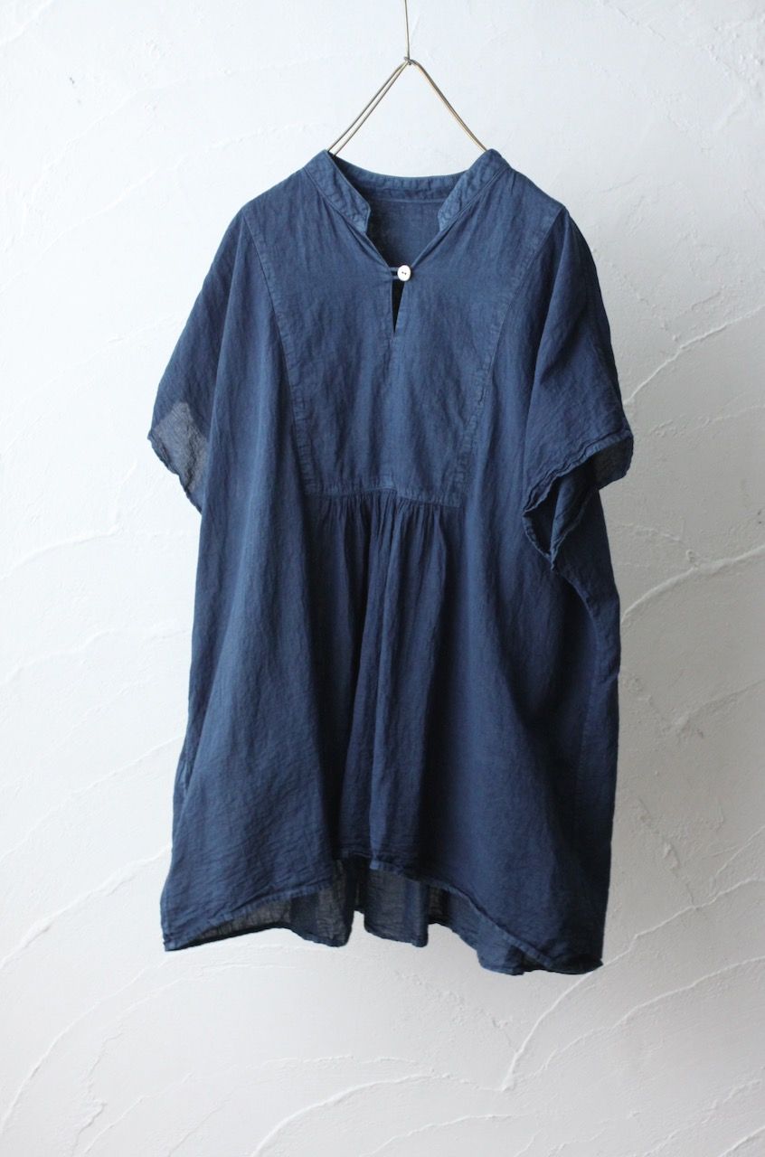 コットンローン パネル切り替えブラウス/ Cotton lawn blouse 「藍と墨/Indigo and charcoal」