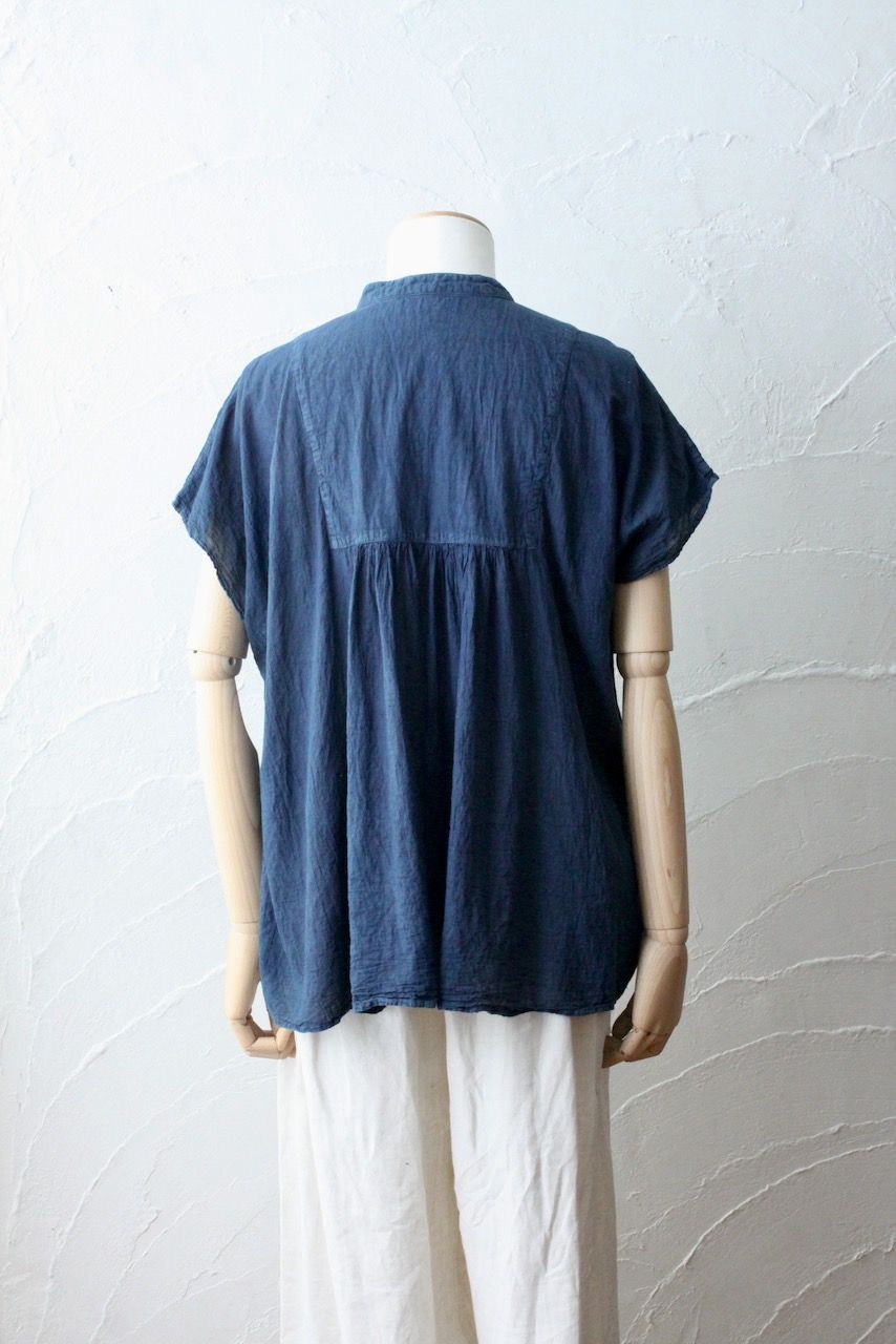 コットンローン パネル切り替えブラウス/ Cotton lawn blouse 「藍と墨/Indigo and charcoal」