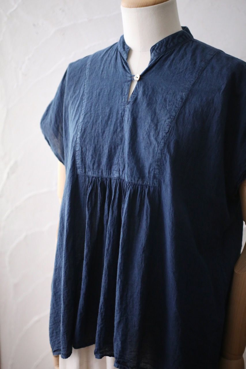 コットンローン パネル切り替えブラウス/ Cotton lawn blouse 「藍と墨/Indigo and charcoal」