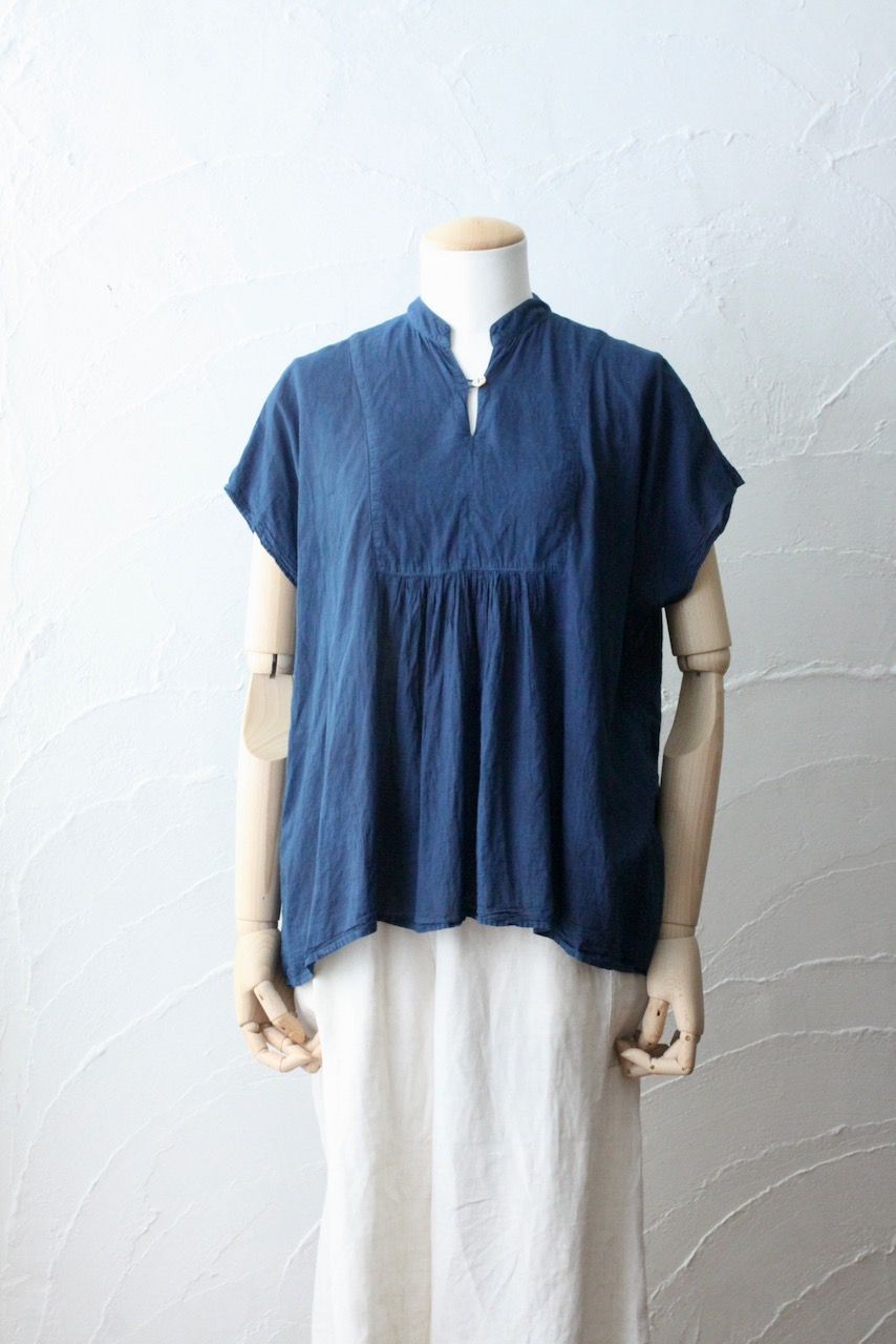 コットンローン パネル切り替えブラウス/ Cotton lawn blouse 「藍/Indigo」