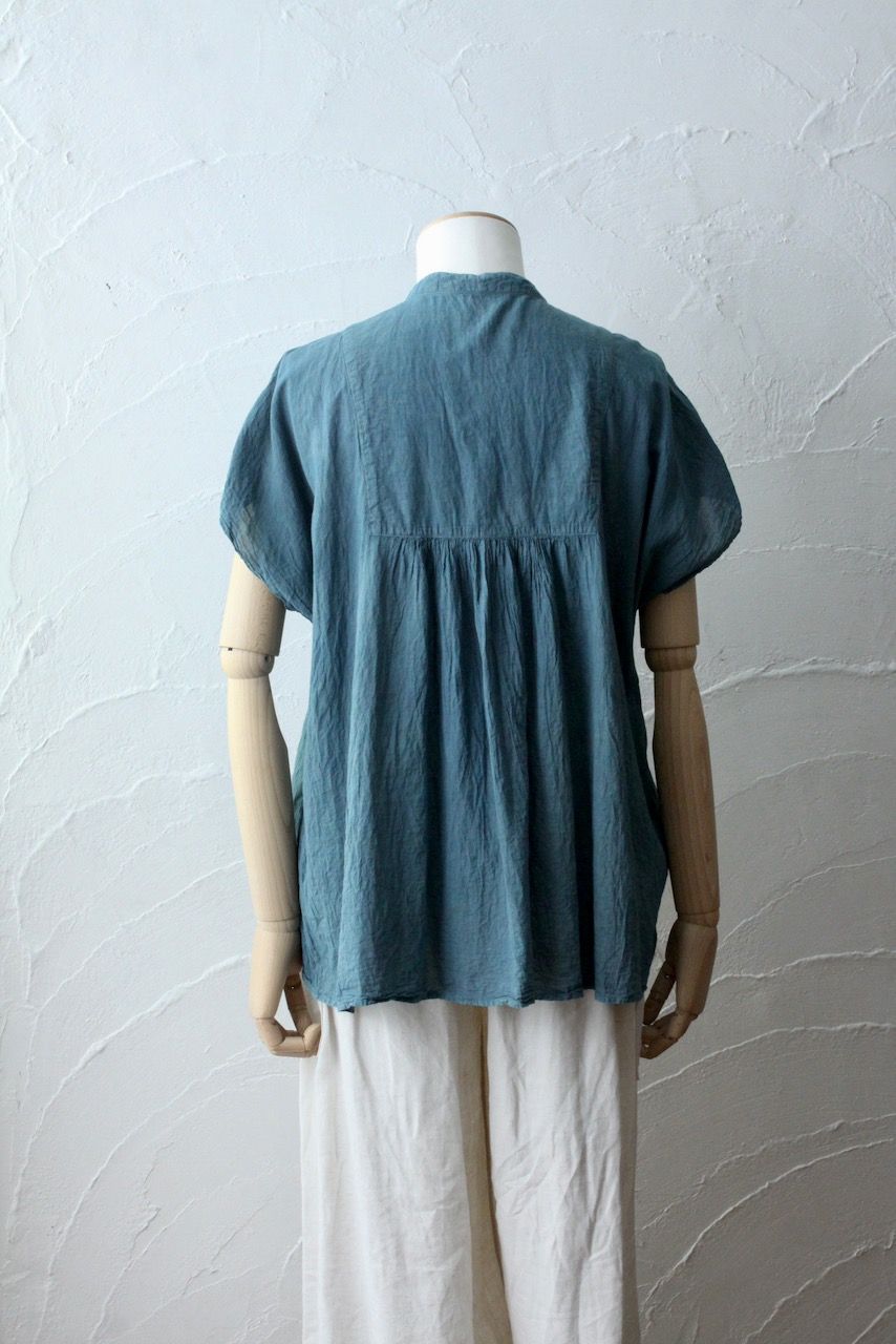 コットンローン パネル切り替えブラウス/ Cotton lawn blouse 藍緑（らんりょく）/Blue green」