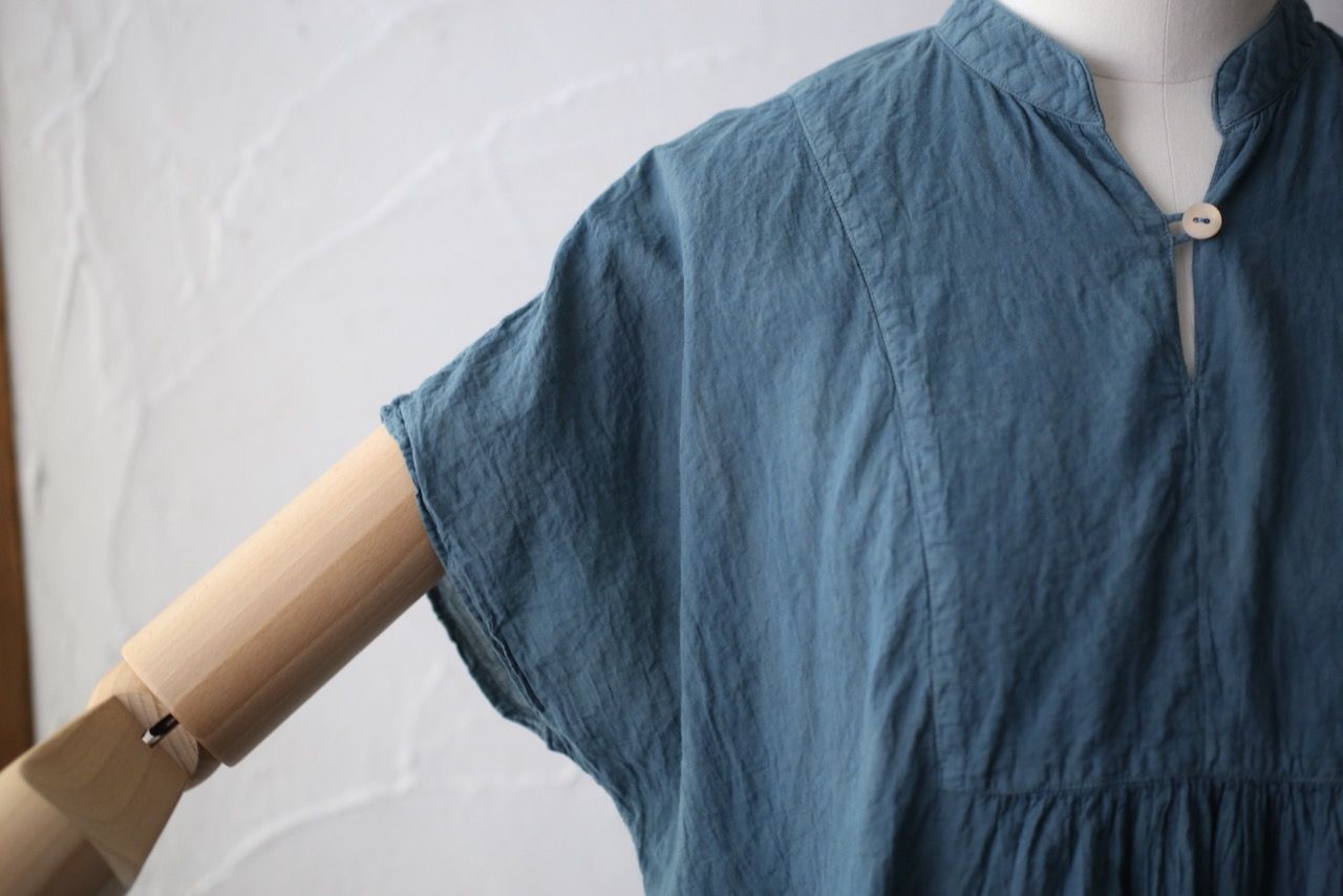 コットンローン パネル切り替えブラウス/ Cotton lawn blouse 藍緑（らんりょく）/Blue green」
