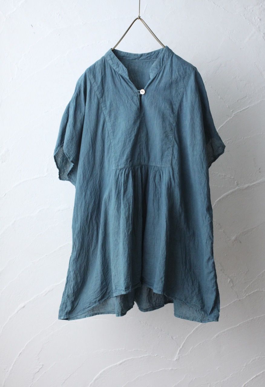 コットンローン パネル切り替えブラウス/ Cotton lawn blouse 藍緑（らんりょく）/Blue green」