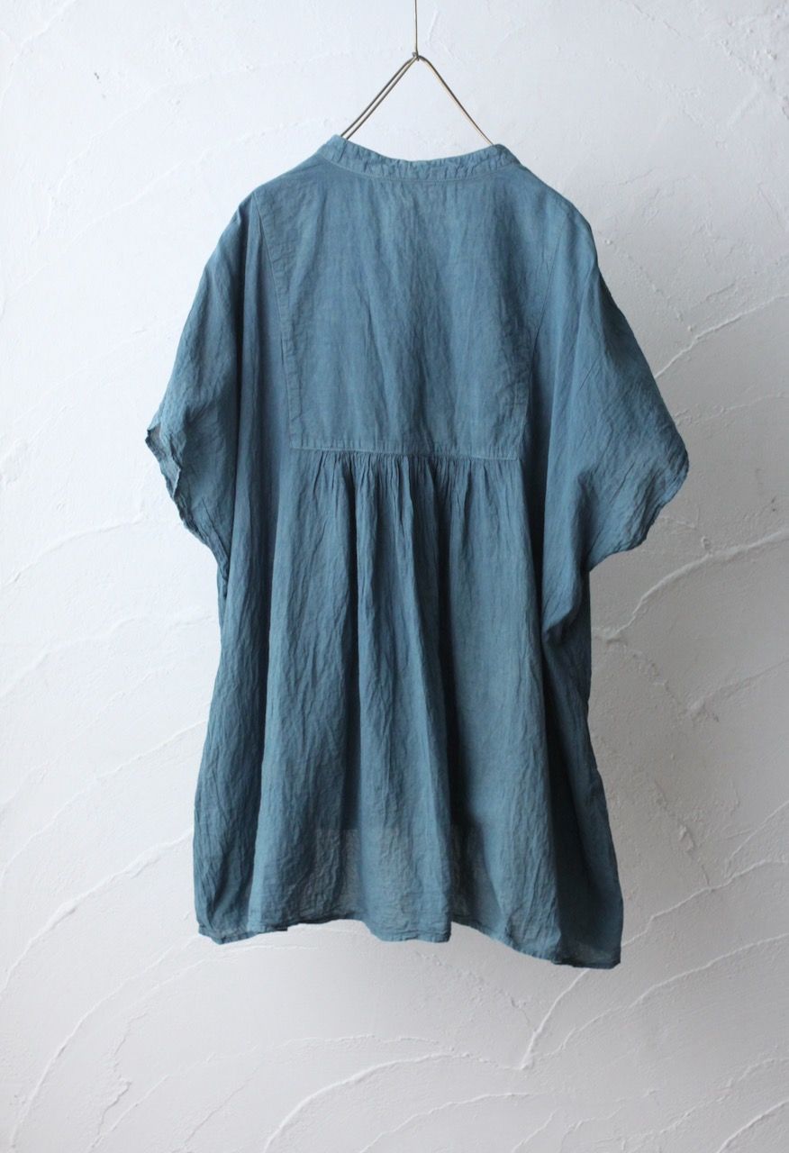 コットンローン パネル切り替えブラウス/ Cotton lawn blouse 藍緑（らんりょく）/Blue green」