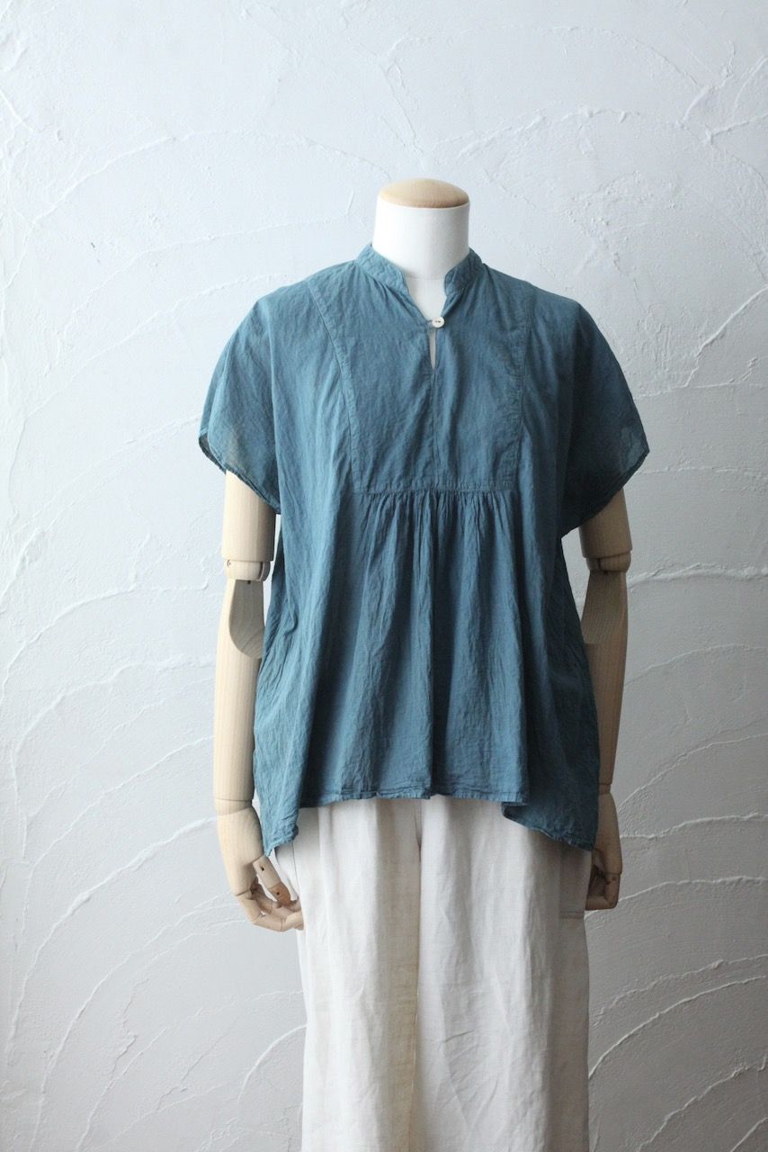 コットンローン パネル切り替えブラウス/ Cotton lawn blouse 藍緑（らんりょく）/Blue green」