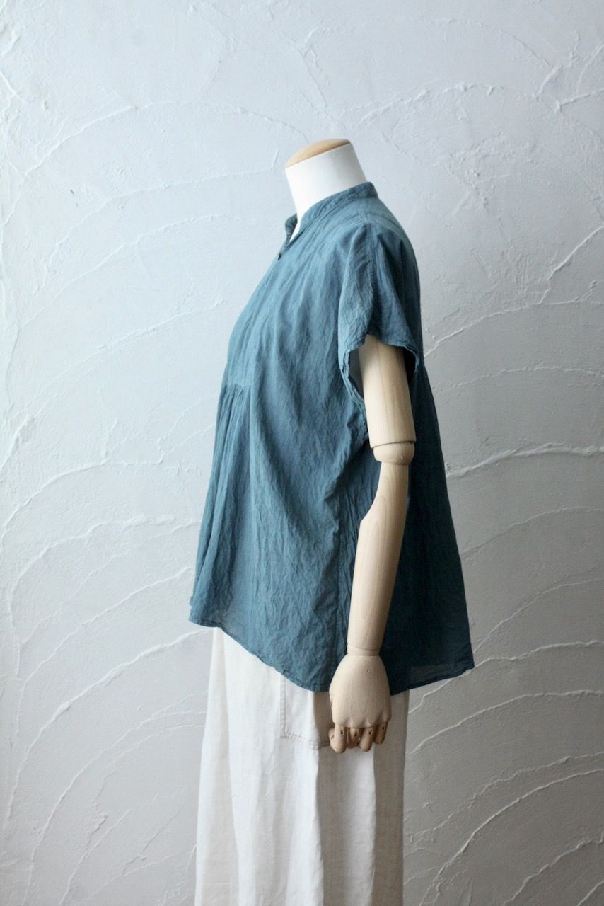 コットンローン パネル切り替えブラウス/ Cotton lawn blouse 藍緑（らんりょく）/Blue green」