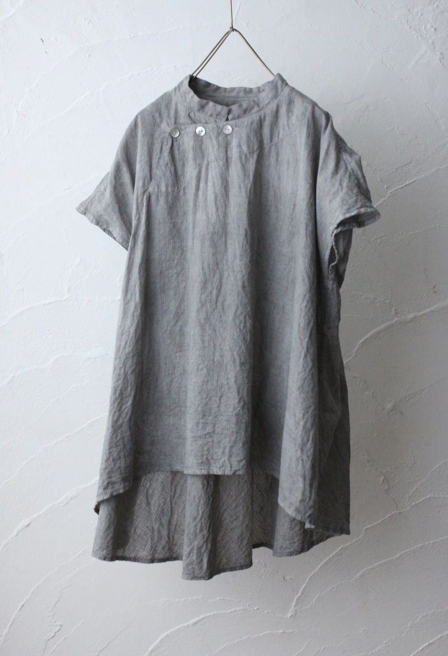 カディコットン シノワズリブラウス/Khadi cotton pullover blouse チェック織り 「墨/Charcoal」