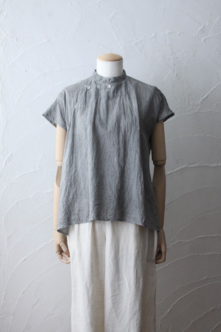 カディコットン シノワズリブラウス/Khadi cotton pullover blouse チェック織り 「墨/Charcoal」