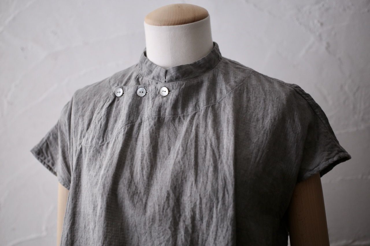 カディコットン シノワズリブラウス/Khadi cotton pullover blouse チェック織り 「墨/Charcoal」