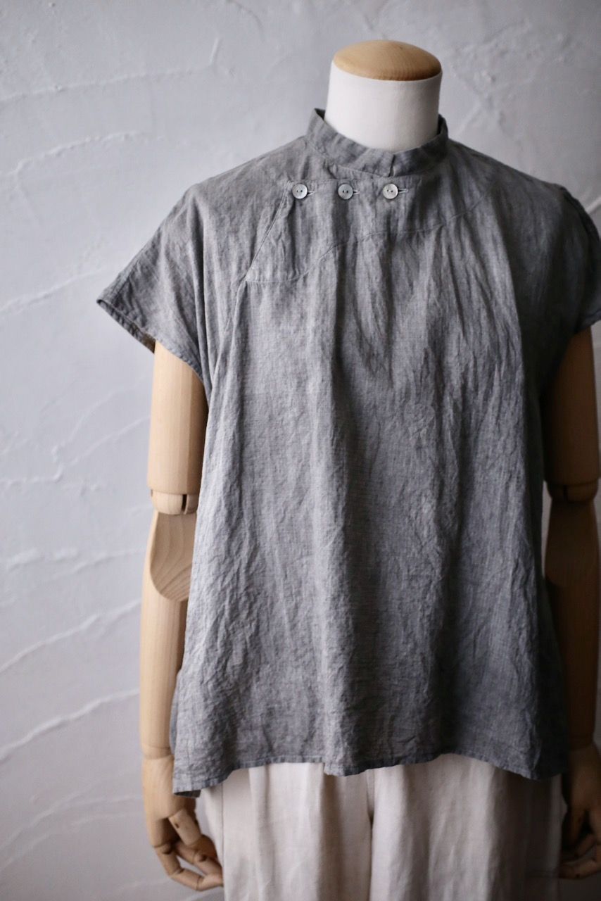カディコットン シノワズリブラウス/Khadi cotton pullover blouse チェック織り 「墨/Charcoal」