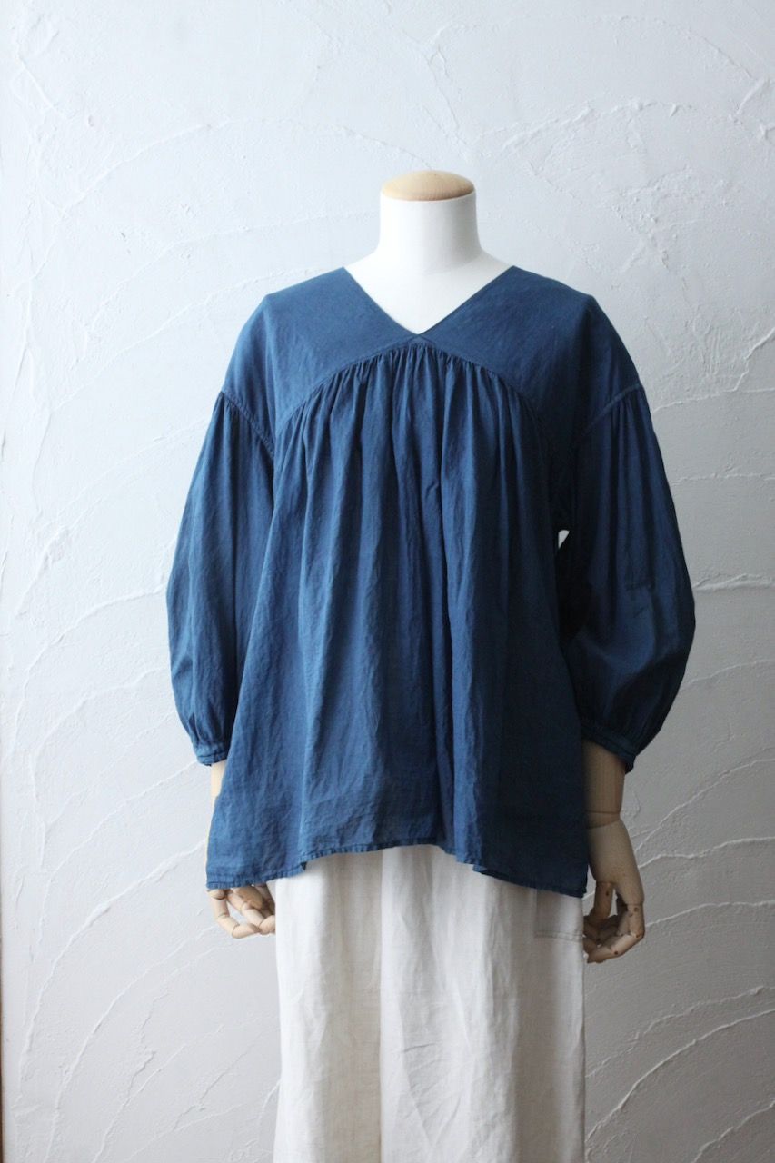 カディコットン カウント100 バルーン袖ブラウス khadi cotton pullover blouse 「藍/Indigo」