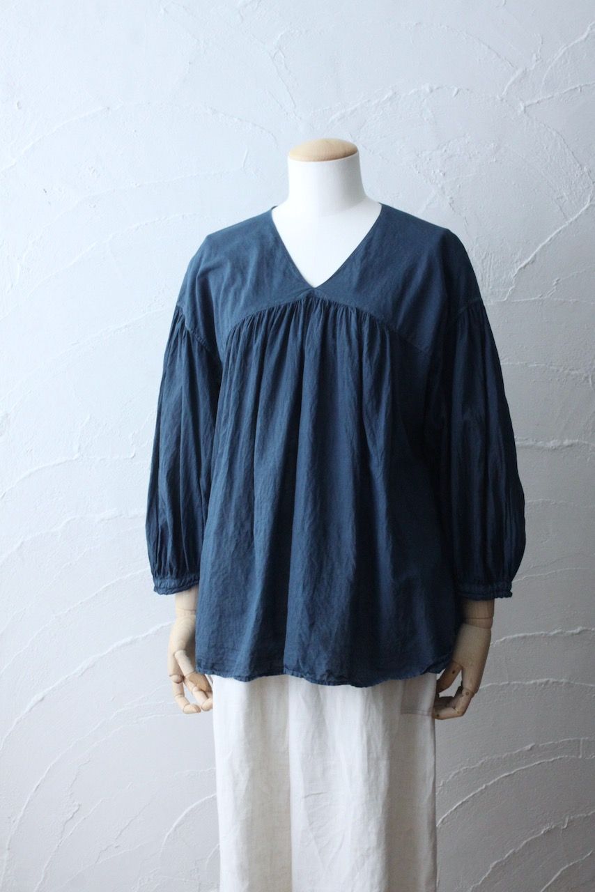 カディコットン カウント100 バルーン袖ブラウス khadi cotton pullover blouse 「藍と墨/Indigo and charcoal」