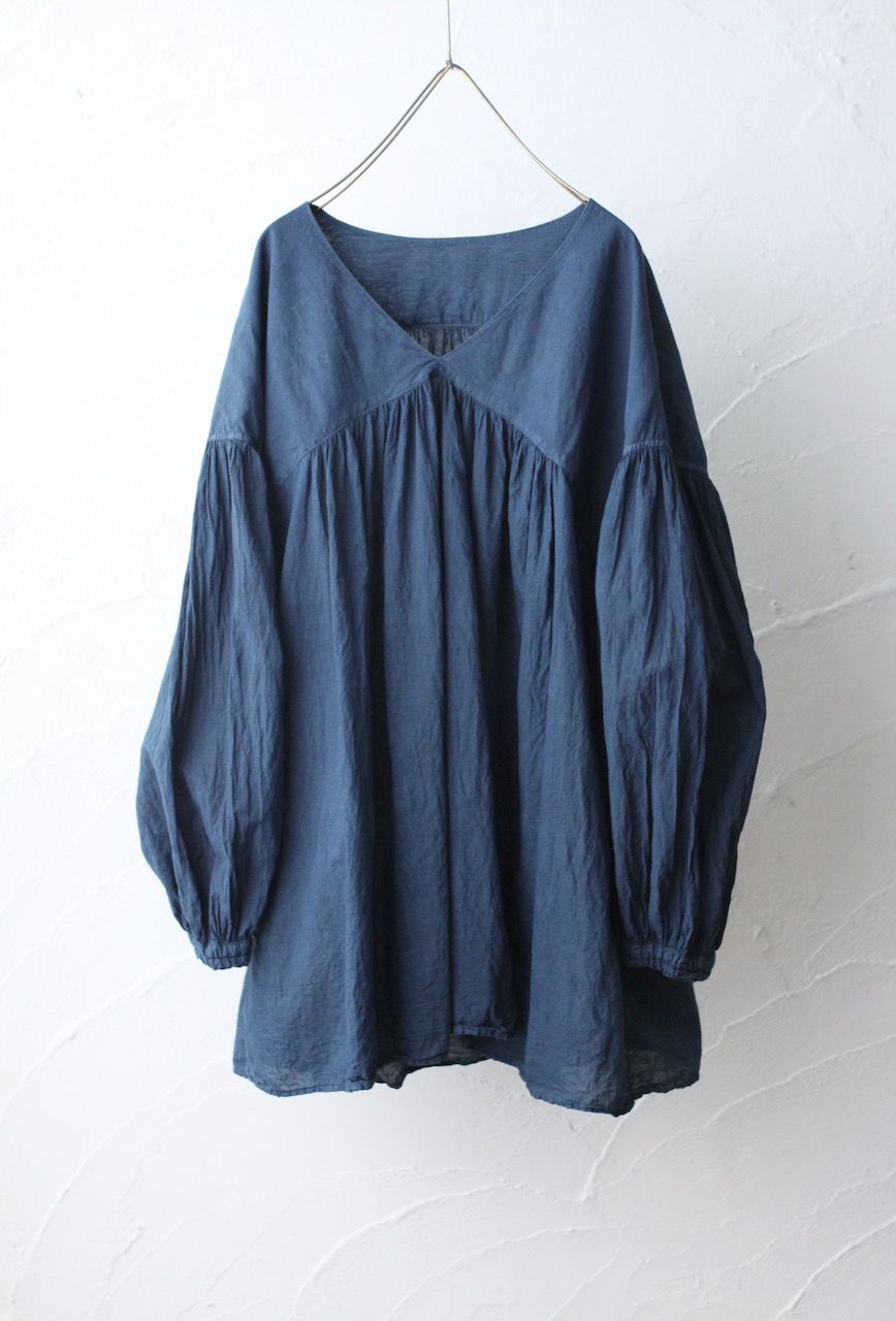 カディコットン カウント100 バルーン袖ブラウス khadi cotton pullover blouse 「藍と墨/Indigo and charcoal」