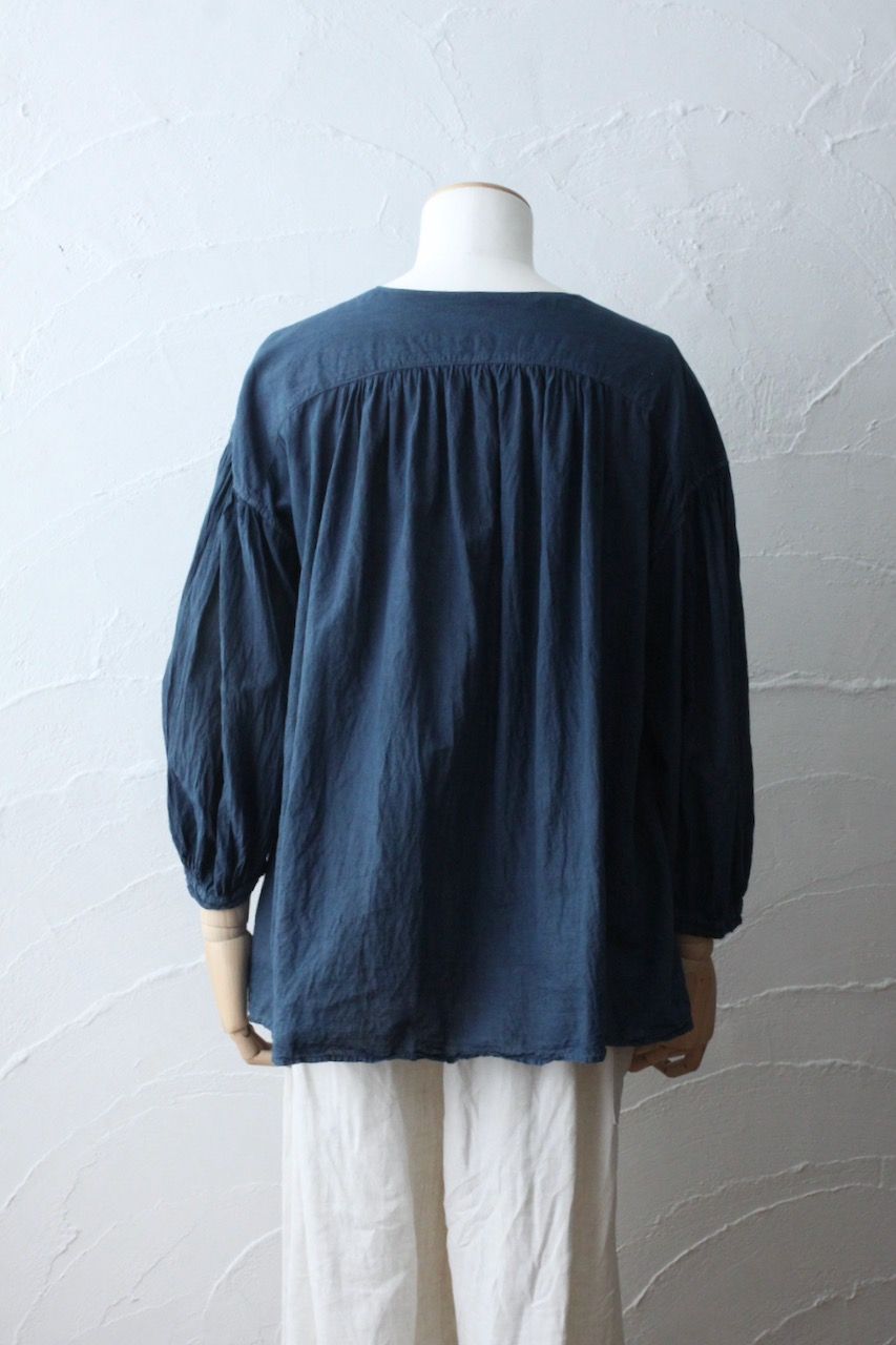 カディコットン カウント100 バルーン袖ブラウス khadi cotton pullover blouse 「藍と墨/Indigo and charcoal」
