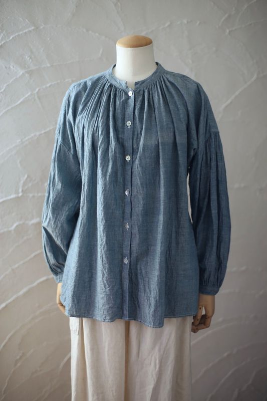 カディコットン 前ボタンブラウス khadi cotton blouse 「藍先染めシャンブレー/Indigo」