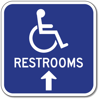 Aluminum Accessible Symbol Restrooms Sign - Ahead Arrow - 12x12