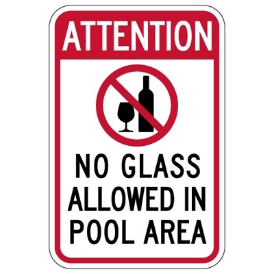 Attention No Glass Allowed In Pool Area Sign - 12x18