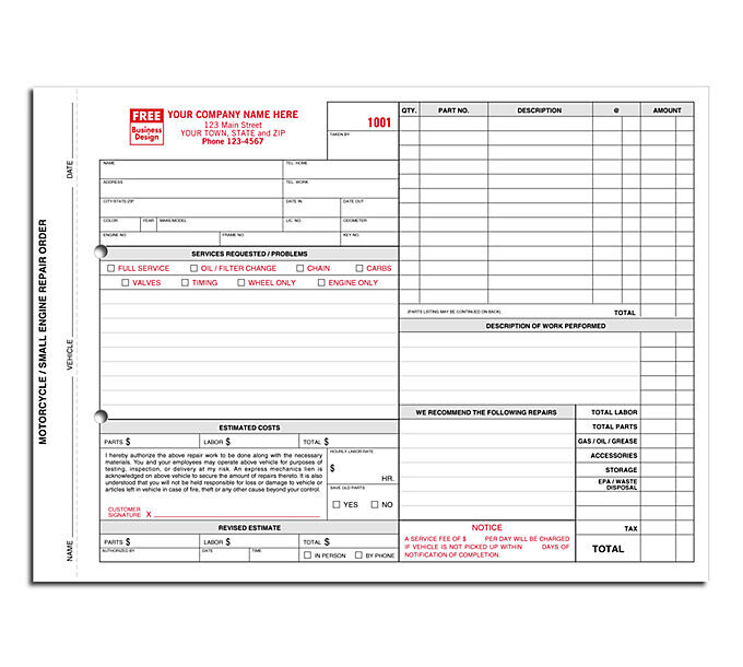 Small Engine Motorcycle Repair Orders - With Carbons
Size: 11 x 8 1/2"