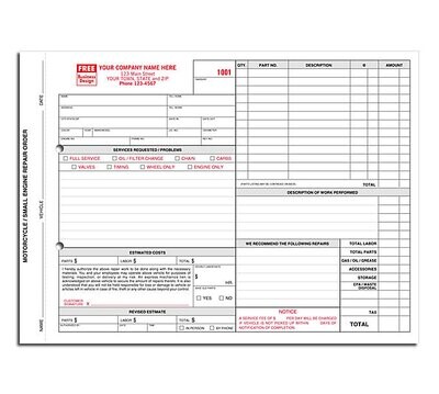 Small Engine Motorcycle Repair Orders - With Carbons
Size: 11 x 8 1/2"