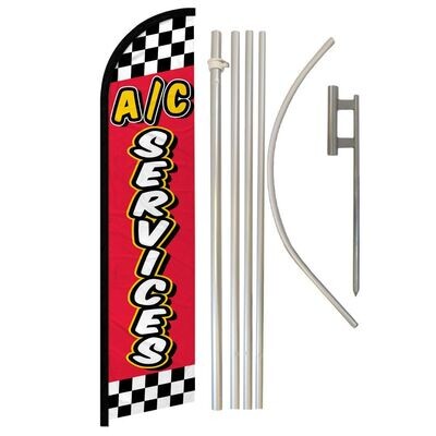 A/C Services (Red Checkered) Windless Banner Flag &amp; Pole Kit