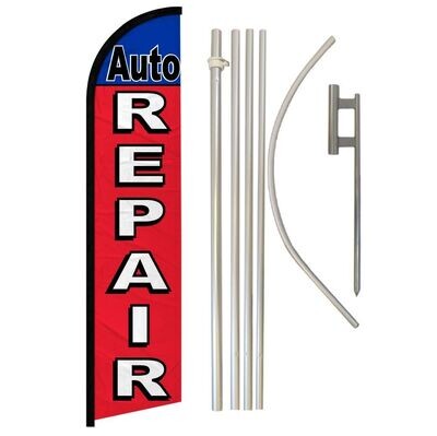 Auto Repair (Red &amp; Blue) Windless Banner Flag &amp; Pole Kit