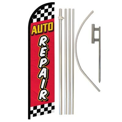 Auto Repair (Red Checkered) Windless Banner Flag &amp; Pole Kit