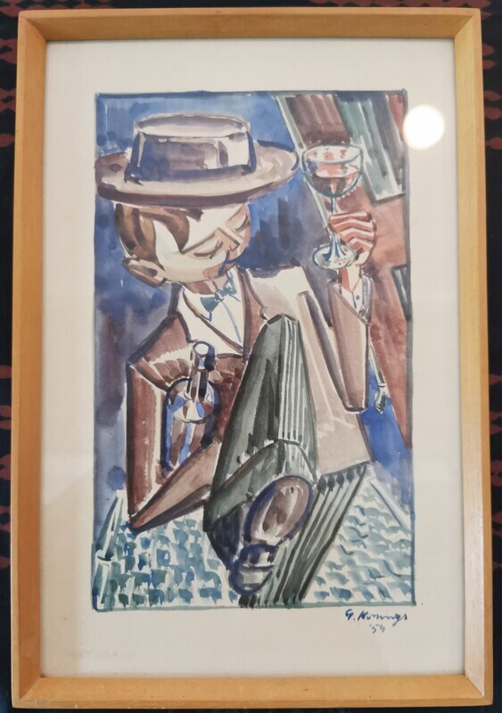 Hoog het glas!   Aquarel van Gabi Konings