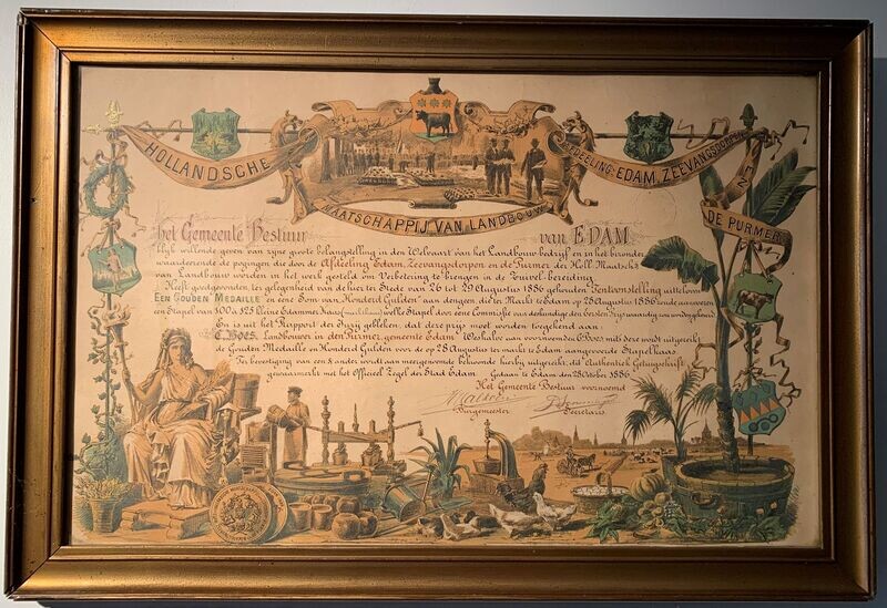 Oorkonde Edam 1886 - Eerste Prijs Kaas
