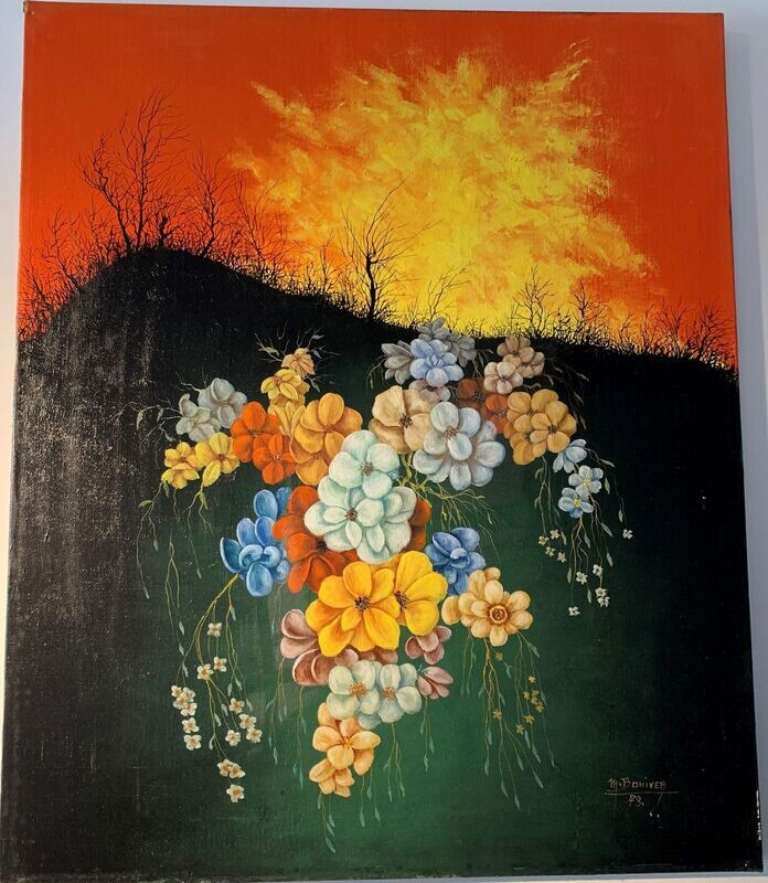 Floral composition in front of dark landscape and looming fire sky.