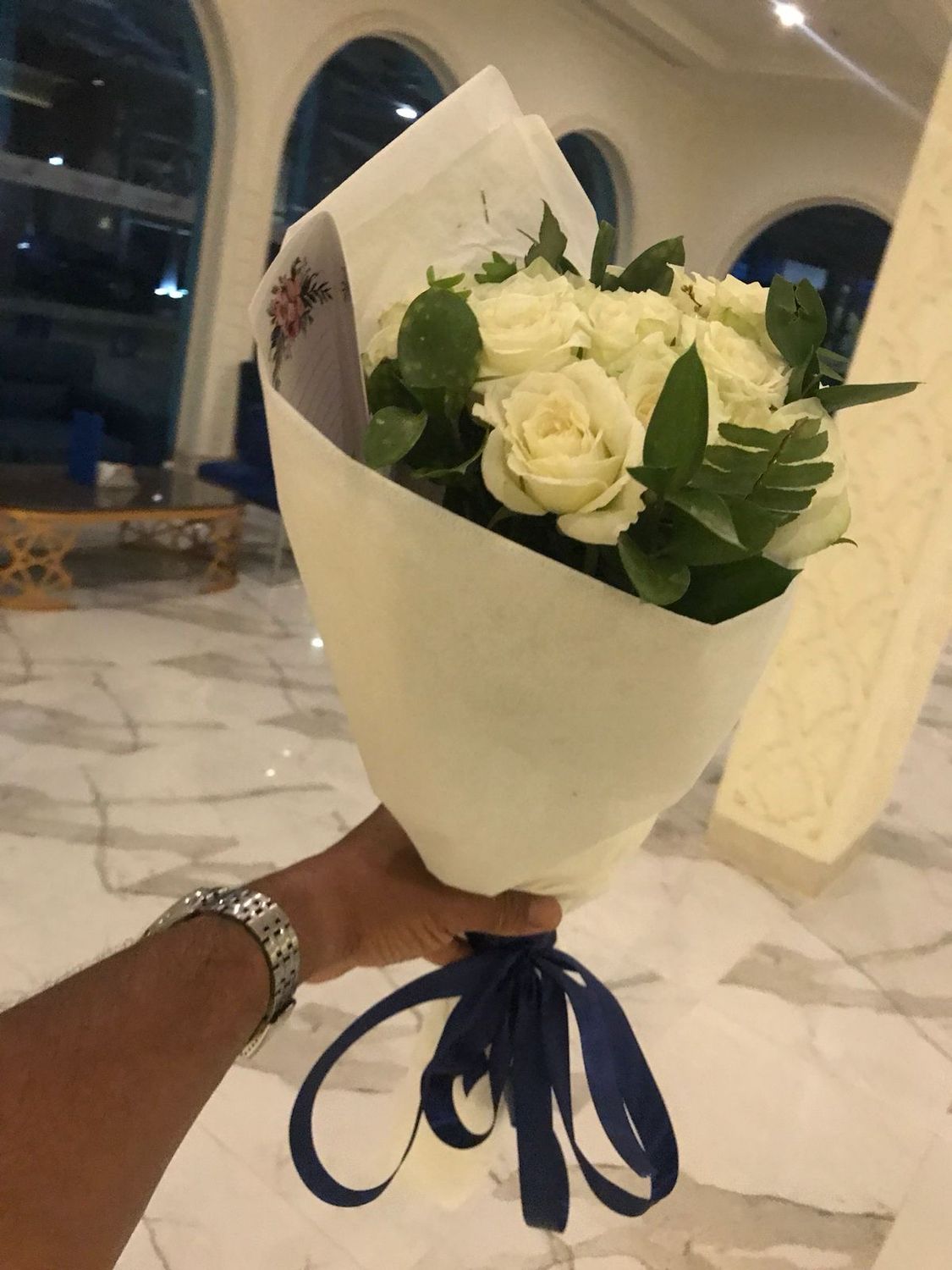 15 White Roses with Blue ribbon
