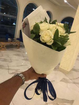 15 White Roses with Blue ribbon