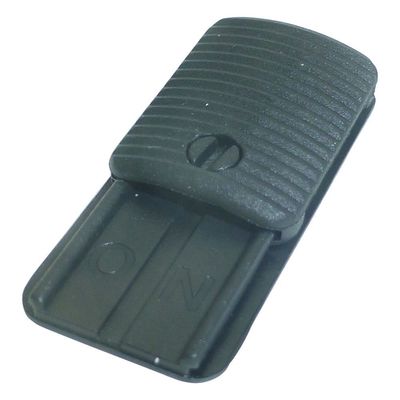 Dark grey Plastic molded plate with sliding grooved line upper section on two plastic molded rails on a white background   