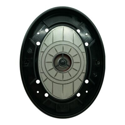 Rear view of a black oval shaped headphone loudspeaker module.
