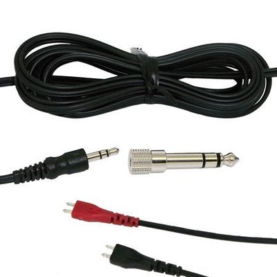 Black headphone cable with mini jack and adapter to large jack with red and green headphone speaker…