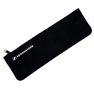 Black nylon zip pouch for a microphone with Sennheiser logo printed in white on a white background