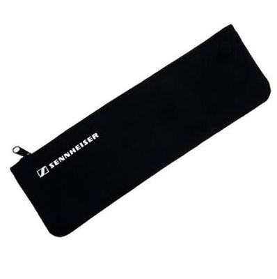 Black nylon zip pouch for a microphone with Sennheiser logo printed in white on a white background