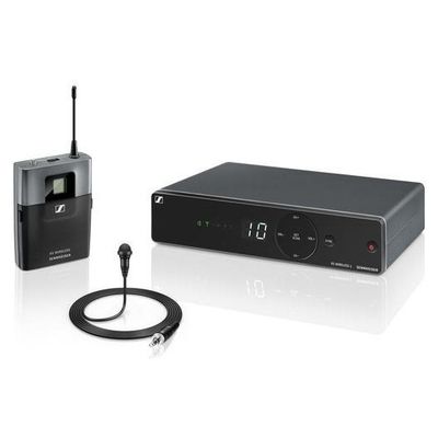 Sennheioser XSW wireless mic kit with bodypack transmitter, receiver unit shown on channel 10 and a black lavalier microphone