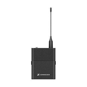 Sennheiser black wireless diital bodypack transmitter with antenna EW-D SK shown against a white ba…
