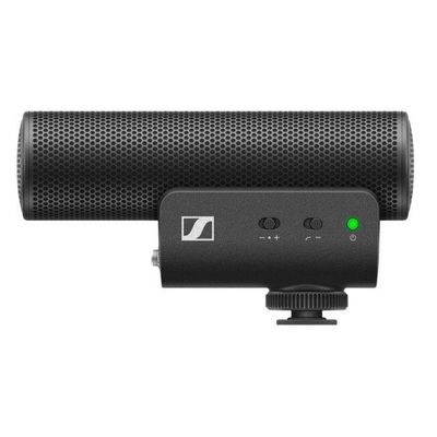 Sennheiser cylindrical black microphone with a grill body sitting on a flash shoe mount power unit with green light
