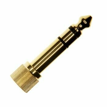 Sennheiser gold coloured stereo audio jack adapter for headphones on a white background  