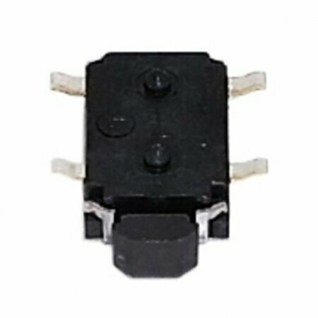 Black SMD switch shaped like a flat tortoise with four metal legs and switch head with metal shoulder blades