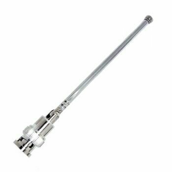 Sennheiser shiny metal rigid receiver antenna with rounded tip and lower bayonet connector socket on a white background